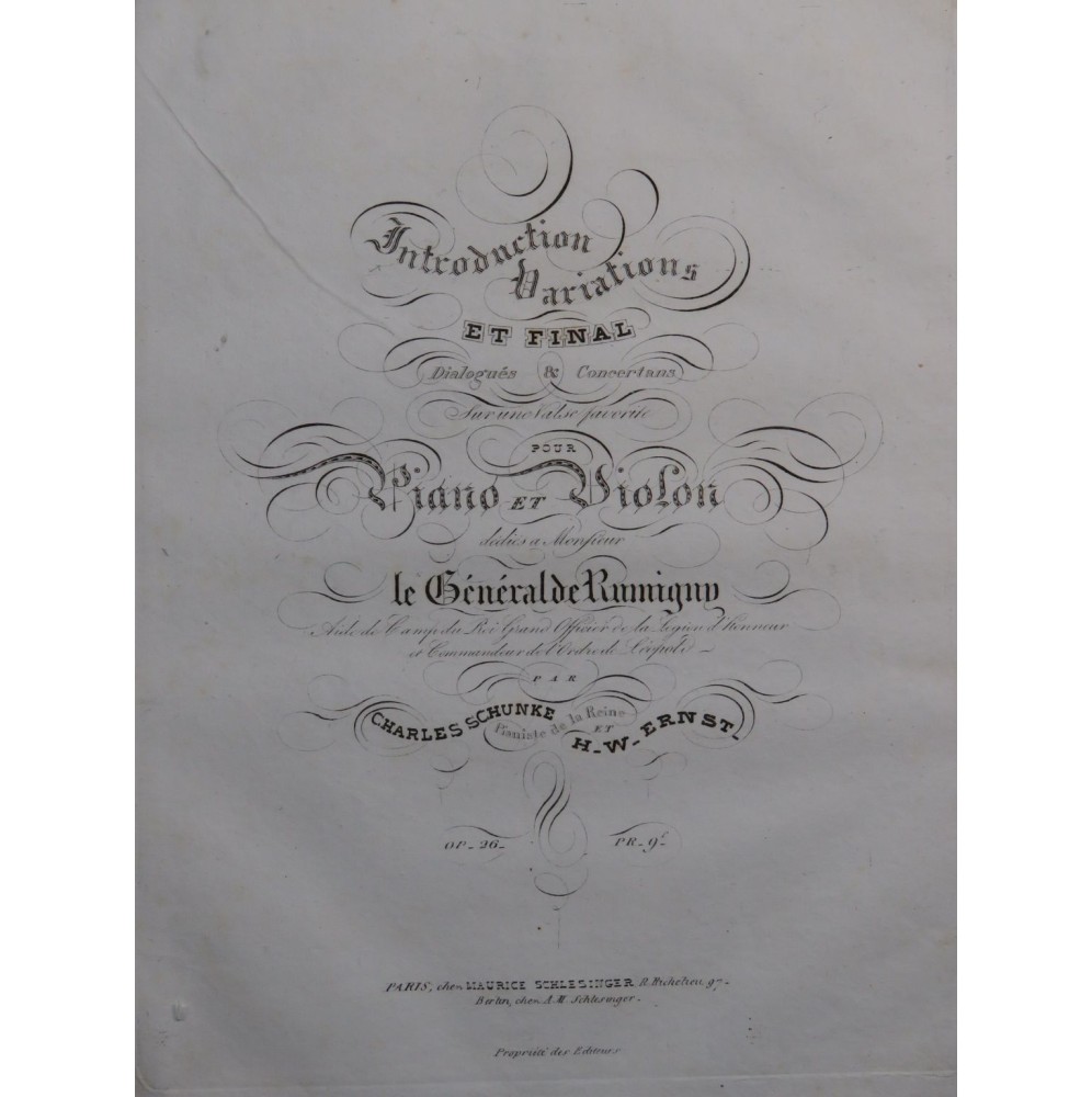 SCHUNKE Charles ERNST H. W. Introduction Variations op 26 Piano Violon ca1835