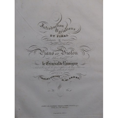 SCHUNKE Charles ERNST H. W. Introduction Variations op 26 Piano Violon ca1835