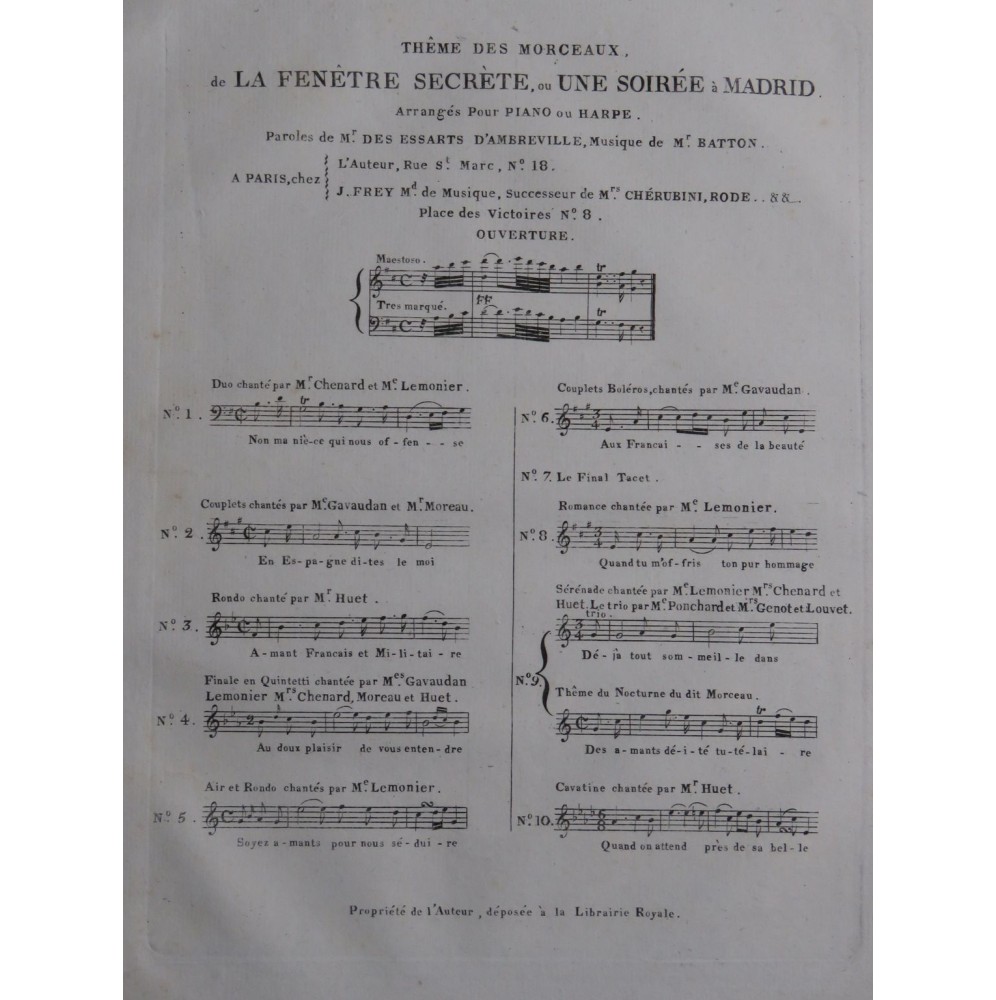 BATTON D.-A. La Fenêtre Secrète No 9 Chant Piano ou Harpe ca1820
