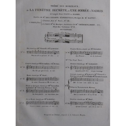 BATTON D.-A. La Fenêtre Secrète No 9 Chant Piano ou Harpe ca1820