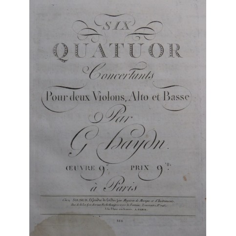 HAYDN Joseph Six Quatuors op 9 2e Violon ca1800