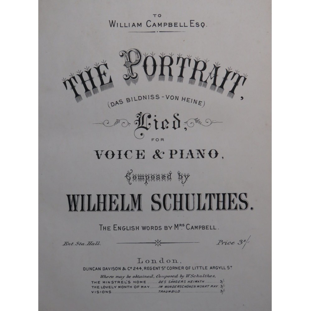 SCHULTHES Wilhelm The Portrait Chant Piano XIXe siècle