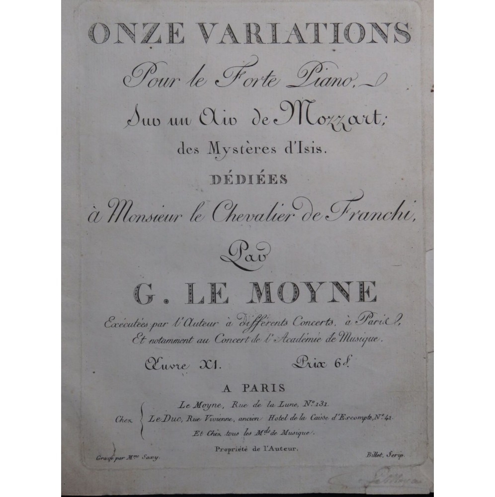 LEMOYNE Gabriel Variations Air de Mozart op 11 Signature Piano ca1795