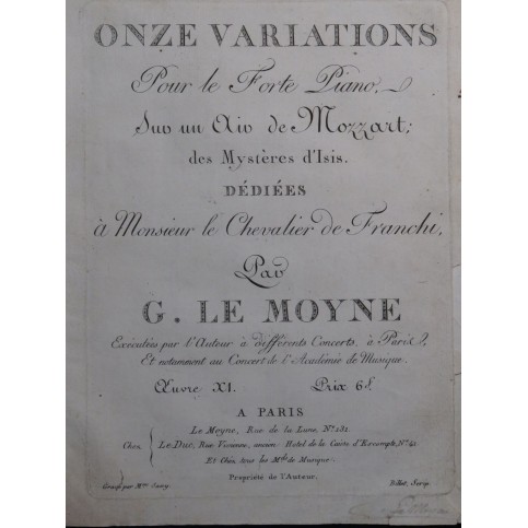 LEMOYNE Gabriel Variations Air de Mozart op 11 Signature Piano ca1795
