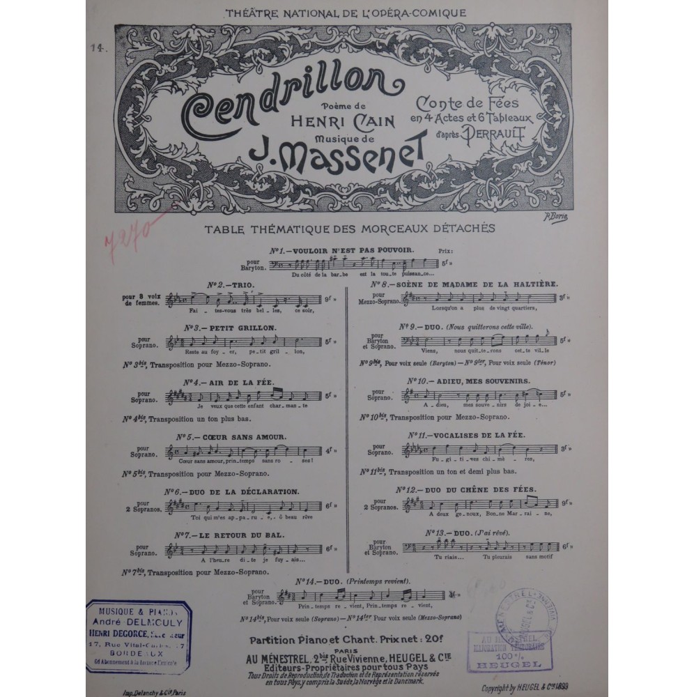 MASSENET Jules Cendrillon No 14 Duo Chant Piano 1899