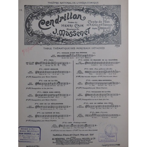 MASSENET Jules Cendrillon No 14 Duo Chant Piano 1899