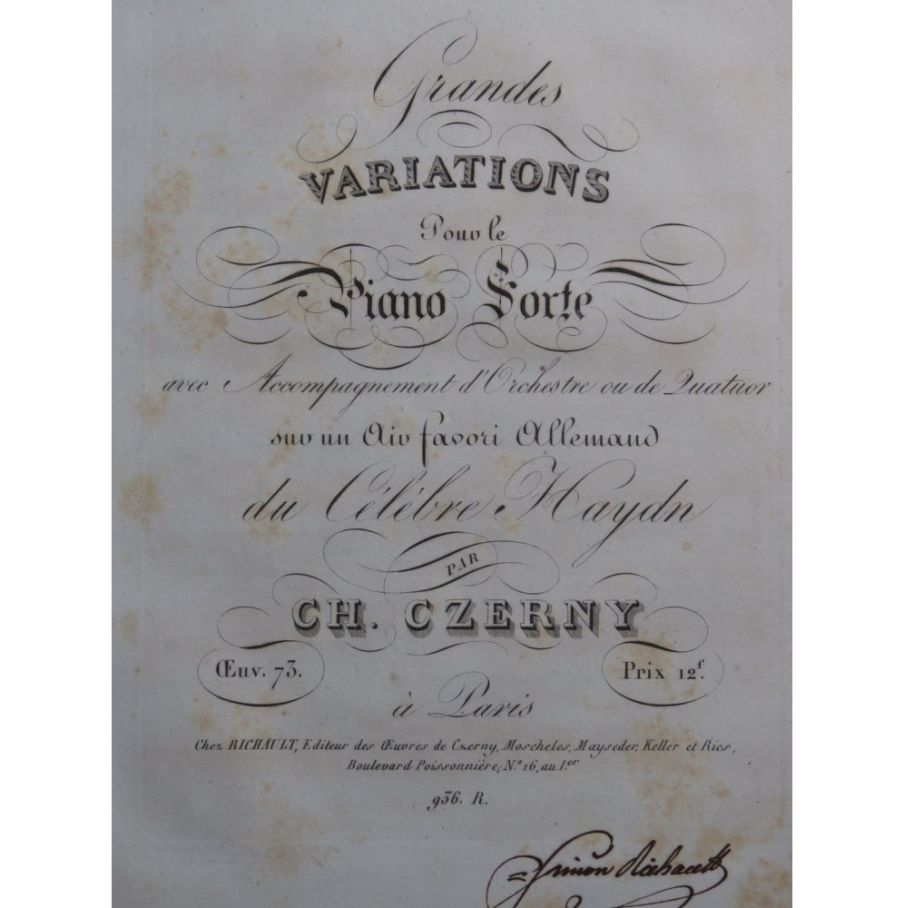CZERNY Charles Grandes Variations op 73 Piano ca1825