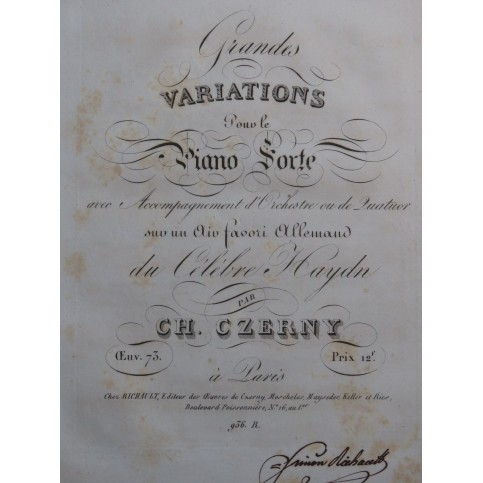 CZERNY Charles Grandes Variations op 73 Piano ca1825