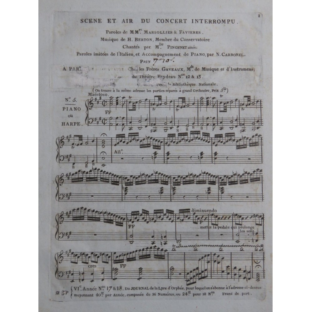 BERTON H. Le Concert Interrompu No 5 Chant Piano ou Harpe ca1810