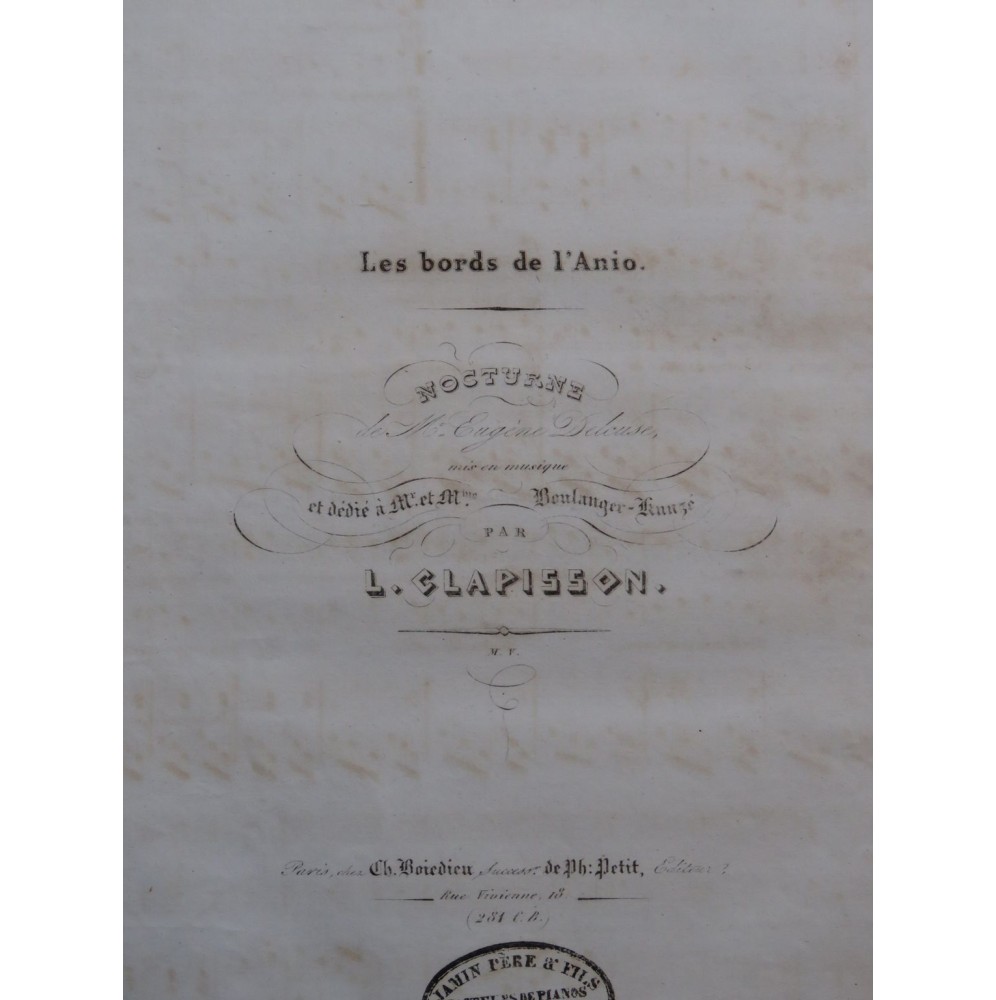 CLAPISSON Louis Les Bord de L'Anio Chant Piano ca1830