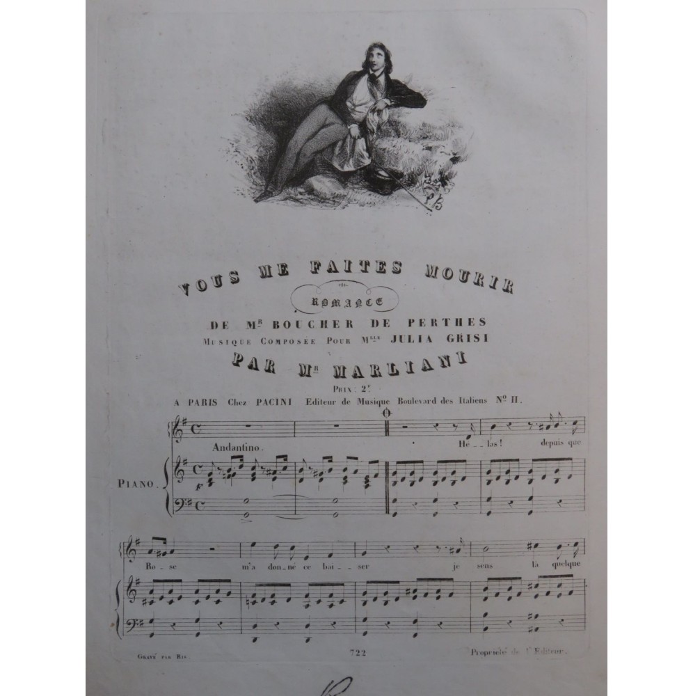 MARLIANI Marco Aurelio Vous me Faites Mourir Chant Piano ca1830