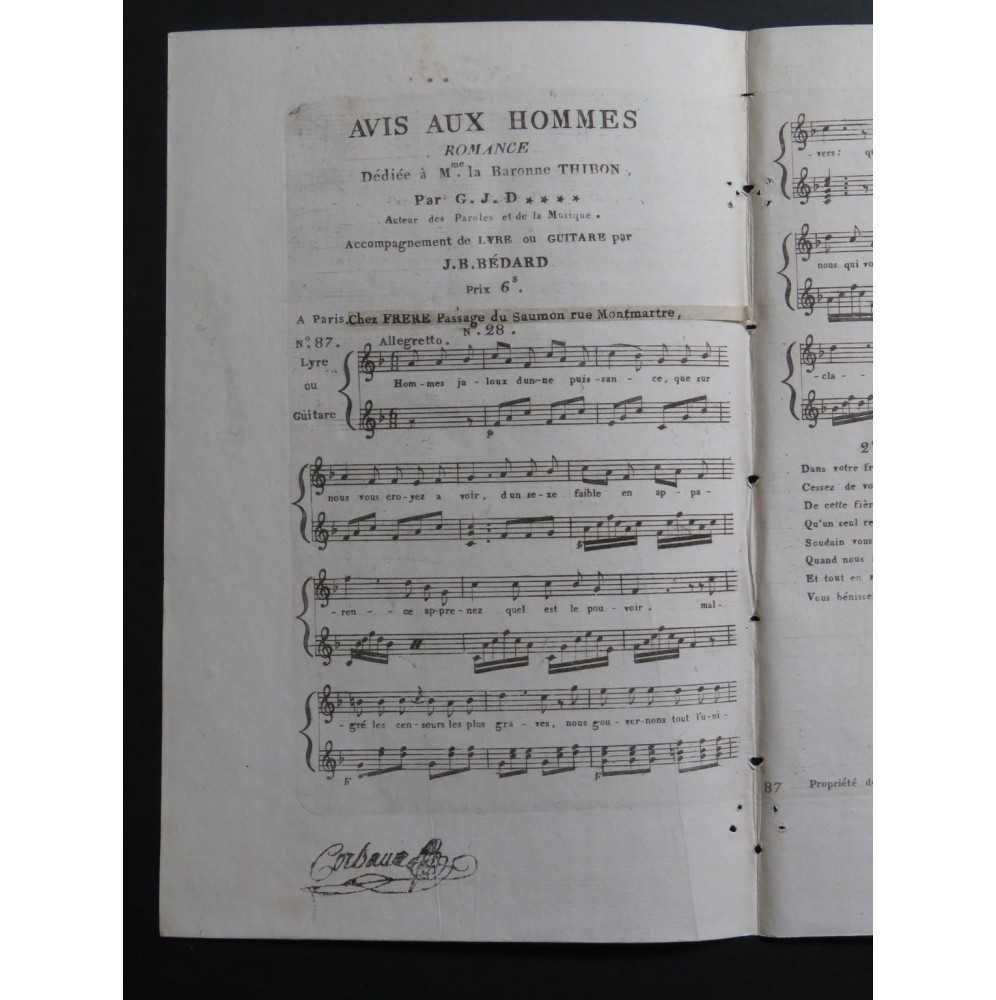 BÉDARD J. B. Avis aux Hommes Chant Guitare ca1830