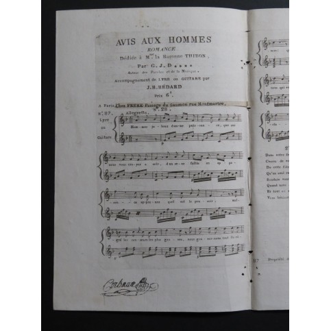 BÉDARD J. B. Avis aux Hommes Chant Guitare ca1830
