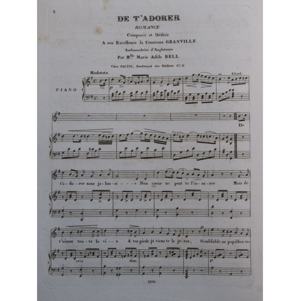 BELL Marie Adèle De T'adorer Chant Piano ca1840