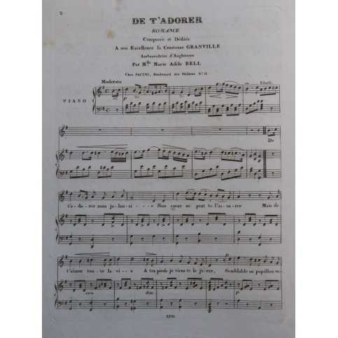 BELL Marie Adèle De T'adorer Chant Piano ca1840