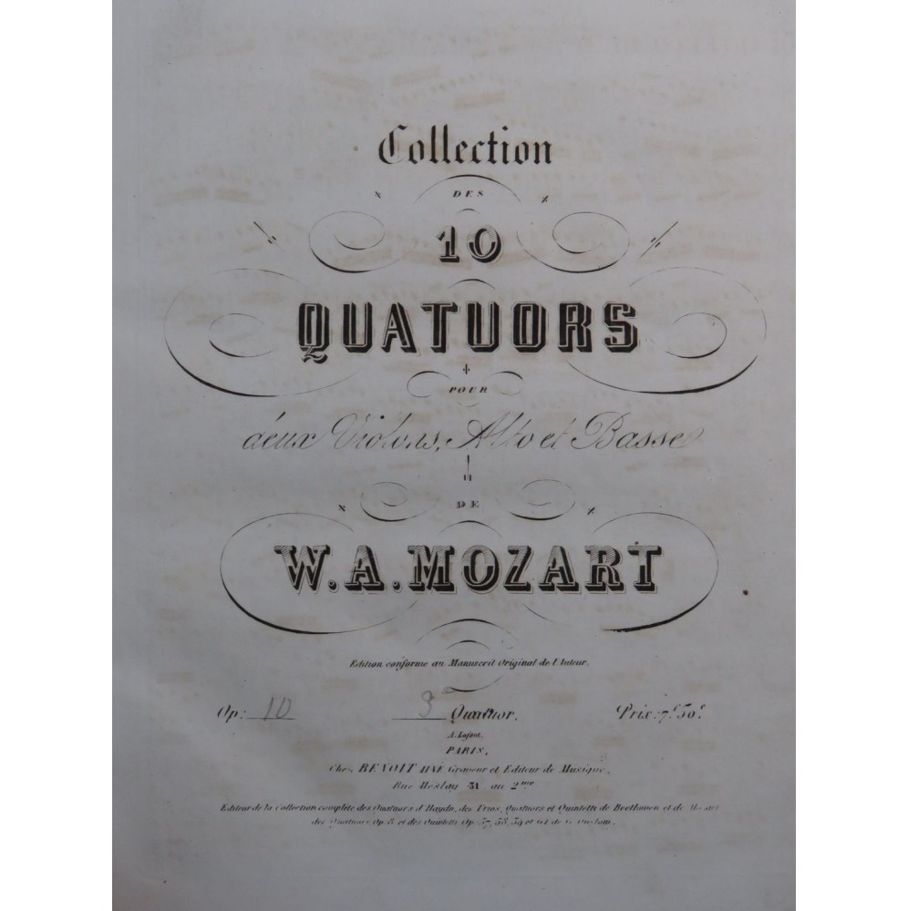 MOZART W. A. Quatuor op 10 No 3 Violon Alto Violoncelle ca1855