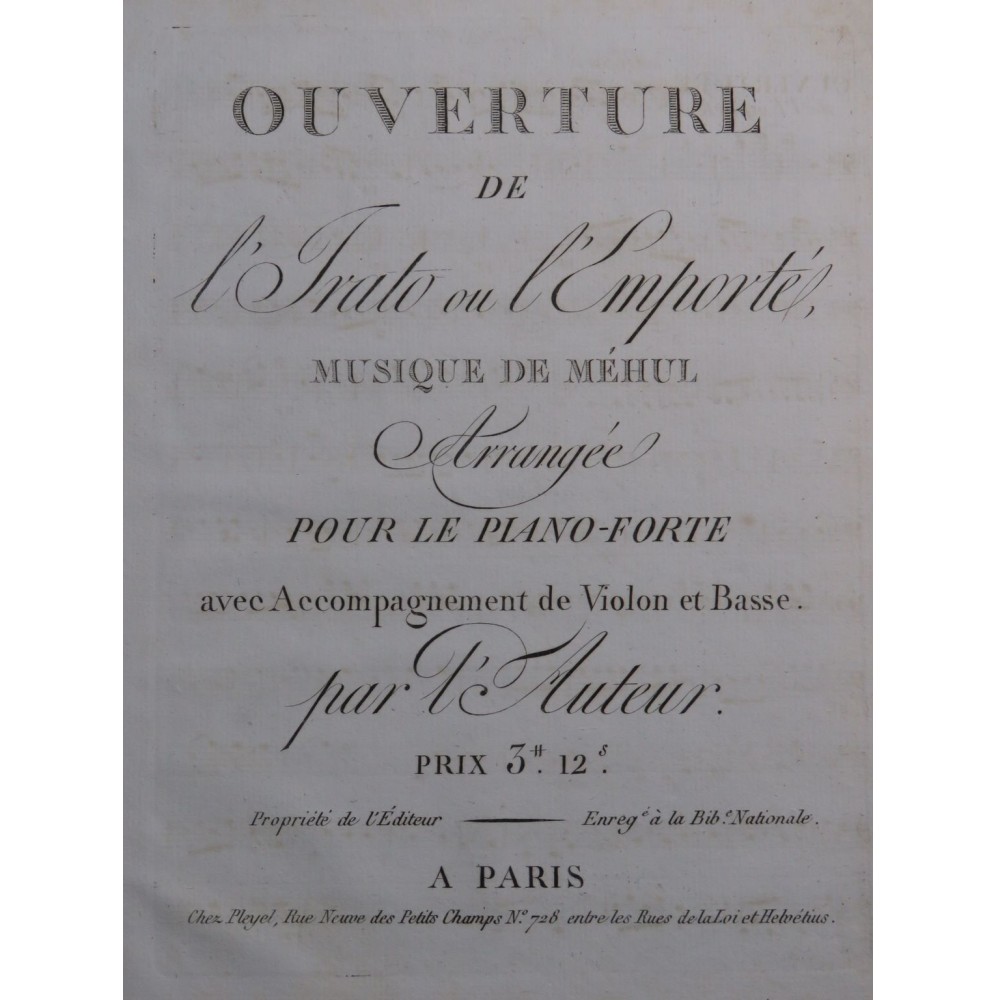 MÉHUL L'Irato ou l'Emporté Ouverture Violoncelle ca1810