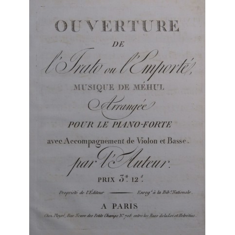 MÉHUL L'Irato ou l'Emporté Ouverture Violoncelle ca1810