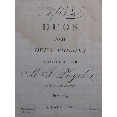 PLEYEL Ignace Six Duos 2e Livre B.513-518 2e Violon ca1790