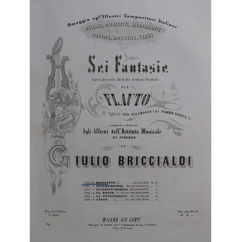 BRICCIALDI Giulio Rigoletto Fantasia Piano Flûte ca1860