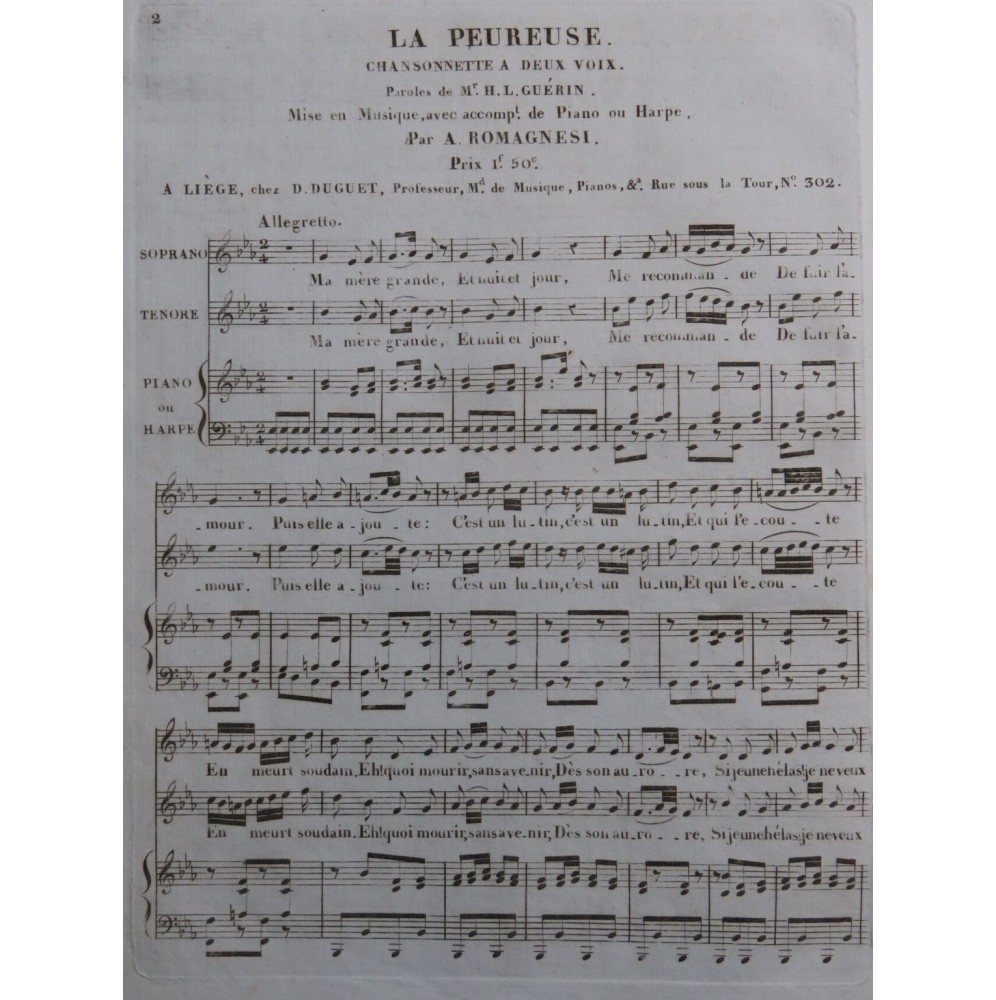 ROMAGNESI Antoine La Peureuse Chant Piano ou Harpe ca1820