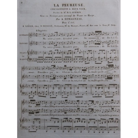ROMAGNESI Antoine La Peureuse Chant Piano ou Harpe ca1820