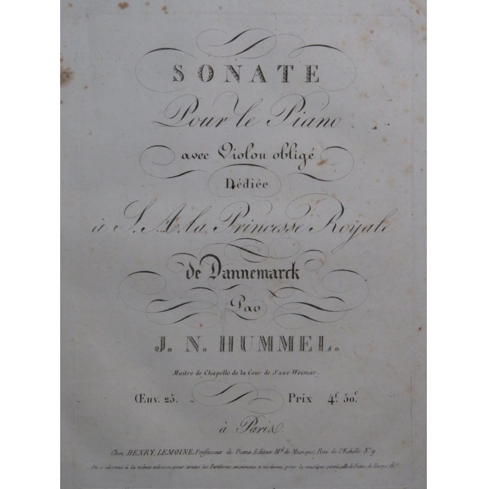 HUMMEL J. N. Sonate op 25 Piano ca1820