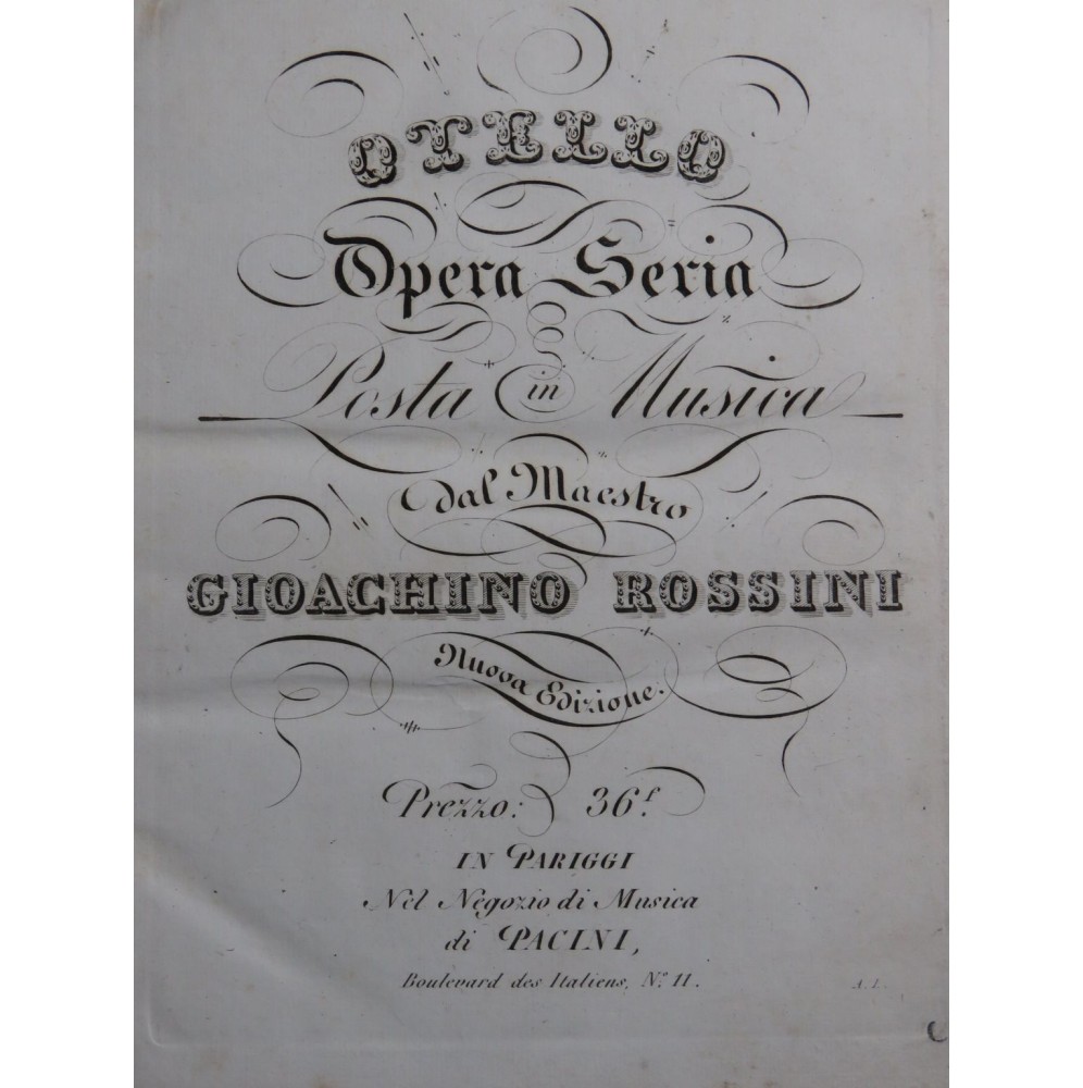 ROSSINI G. Otello Opéra en italien Piano Chant ca1825