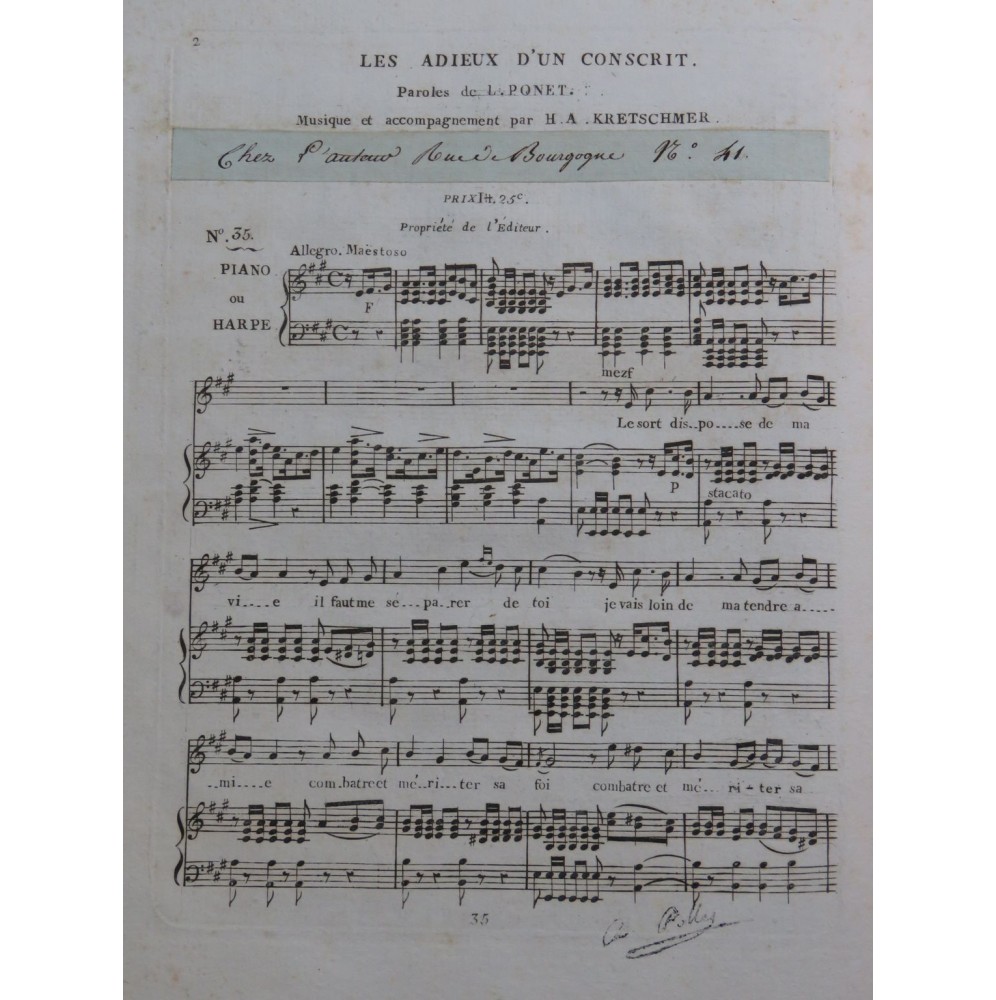 KRETSCHMER H. A. Les Adieux d'un Conscrit Chant Piano ou Harpe ca1820