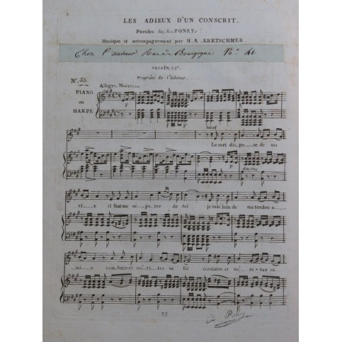 KRETSCHMER H. A. Les Adieux d'un Conscrit Chant Piano ou Harpe ca1820