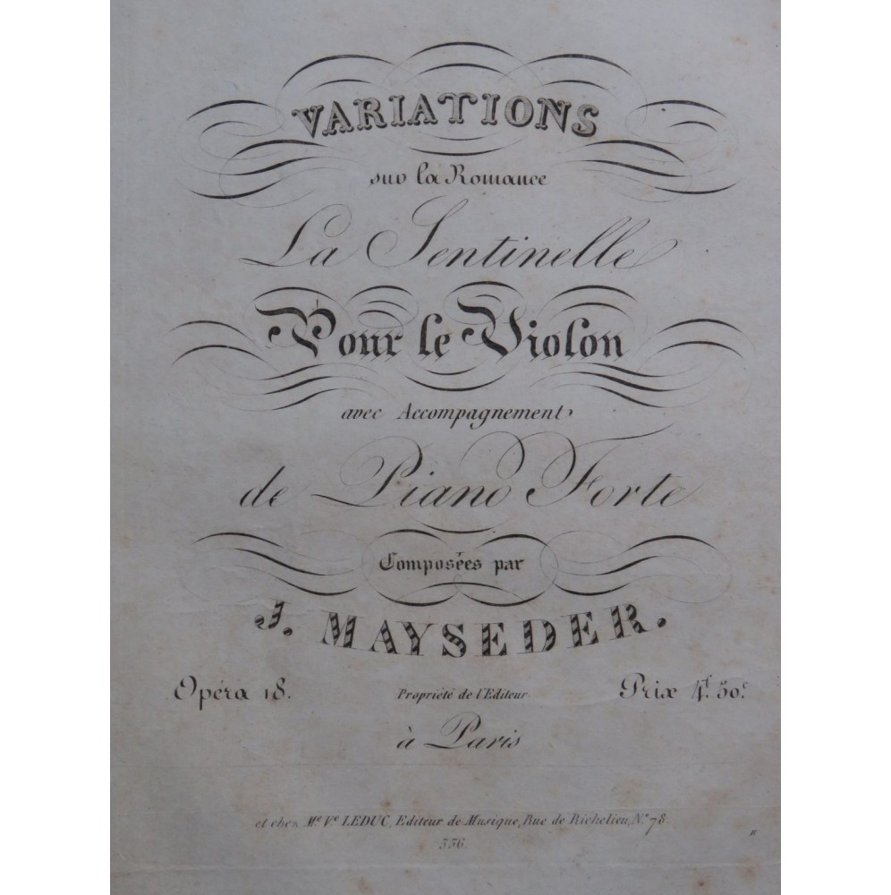 MAYSEDER Joseph Variations La Sentinelle op 18 Violon ca1820