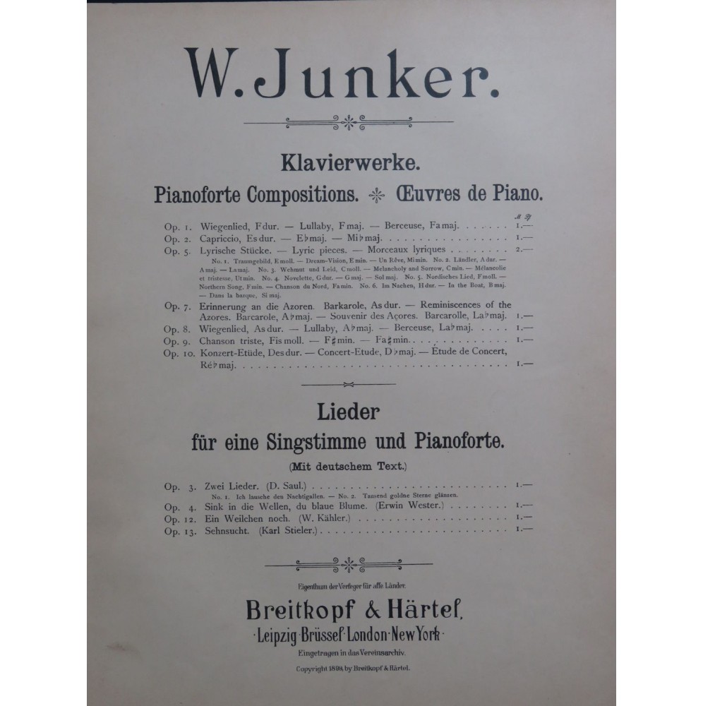 JUNKER W. Souvenir des Açores op 7 Piano 1899