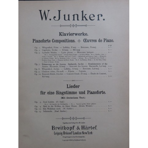 JUNKER W. Souvenir des Açores op 7 Piano 1899