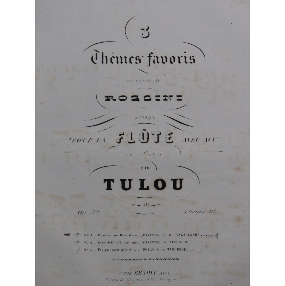 TULOU Jean-Louis Cavatine de la Gazza Ladra Rossini Piano Flûte ca1860