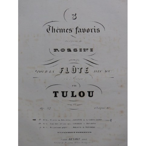 TULOU Jean-Louis Cavatine de la Gazza Ladra Rossini Piano Flûte ca1860