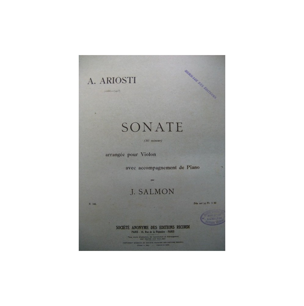 ARIOSTI Attilio Sonate Mi mineur Violon Piano 1918﻿