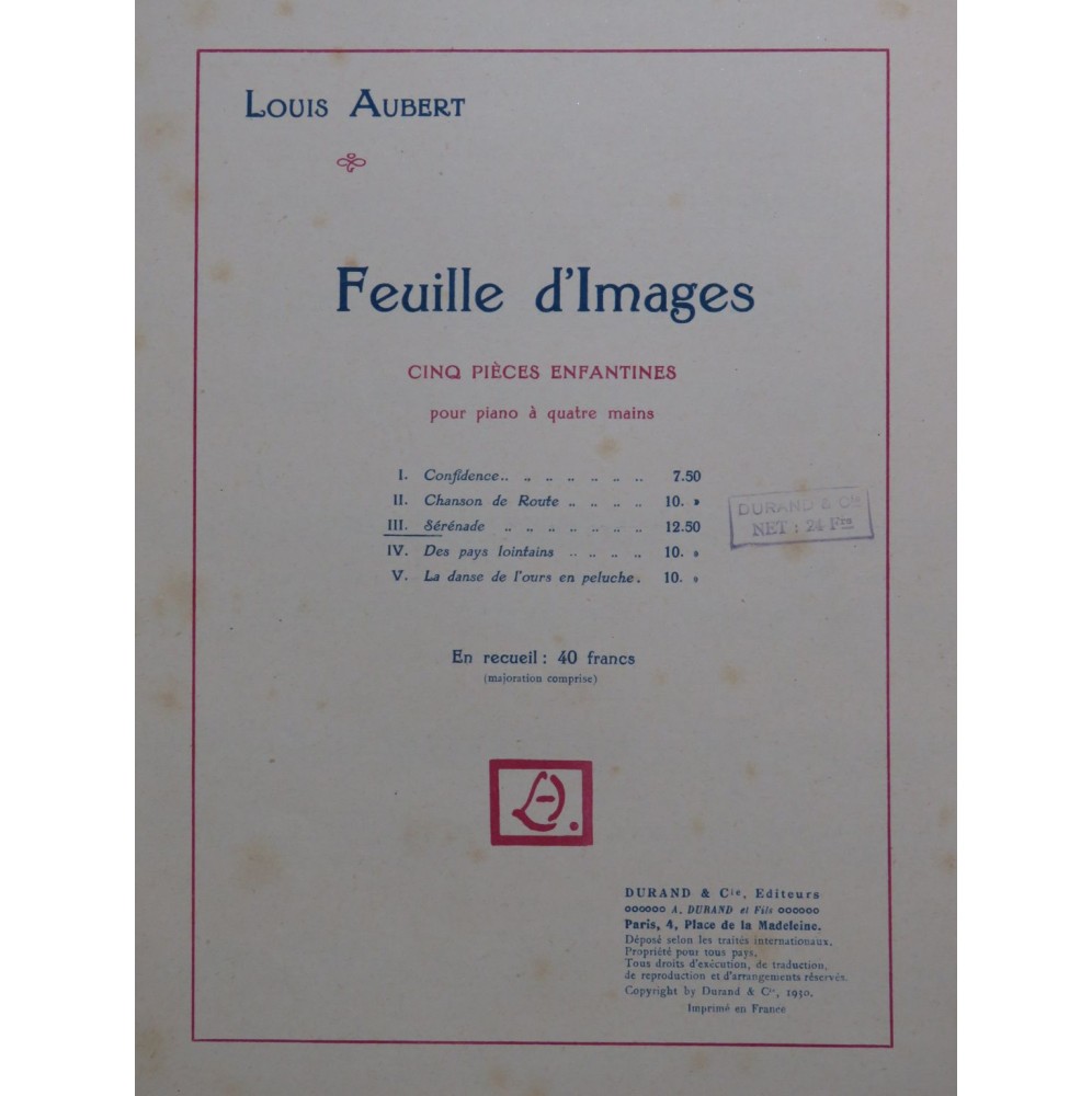AUBERT Louis Sérénade Piano 4 mains 1930