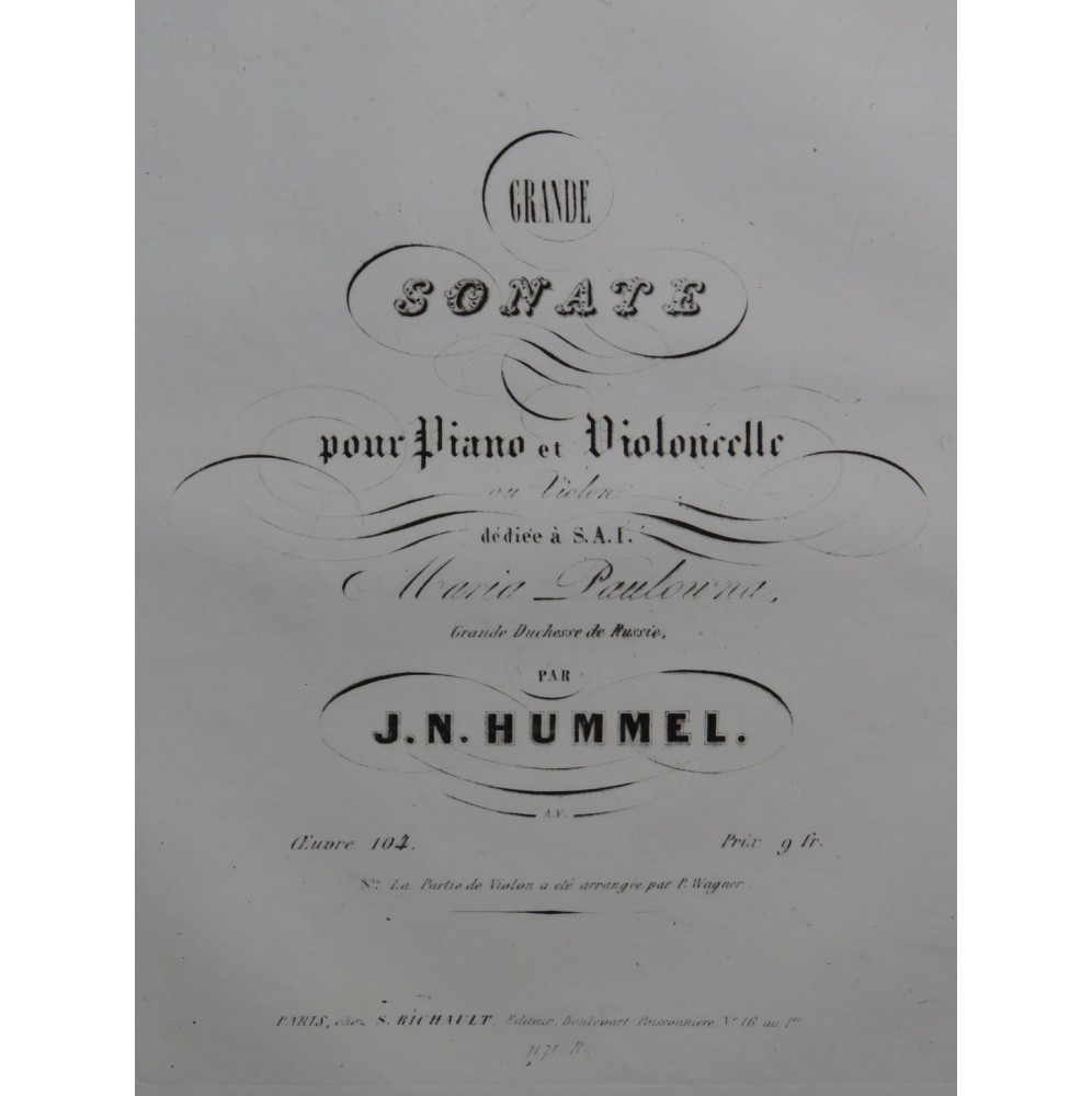 HUMMEL J. N. Grande Sonate op 104 Piano Violon ca1845