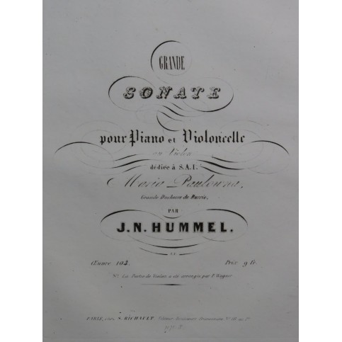 HUMMEL J. N. Grande Sonate op 104 Piano Violon ca1845