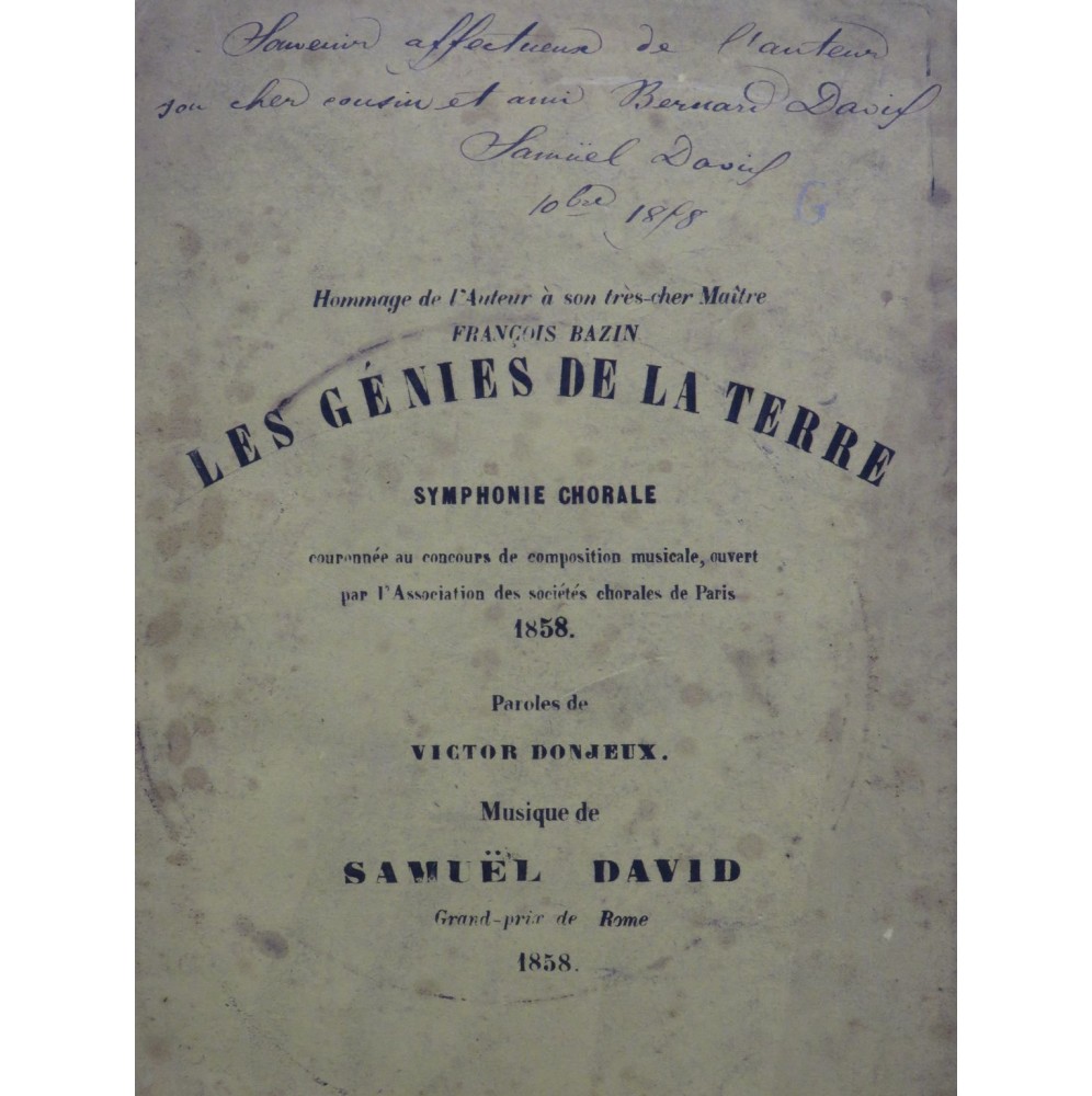 DAVID Samuel Les Génies de la Terre Dédicace Chant 1858