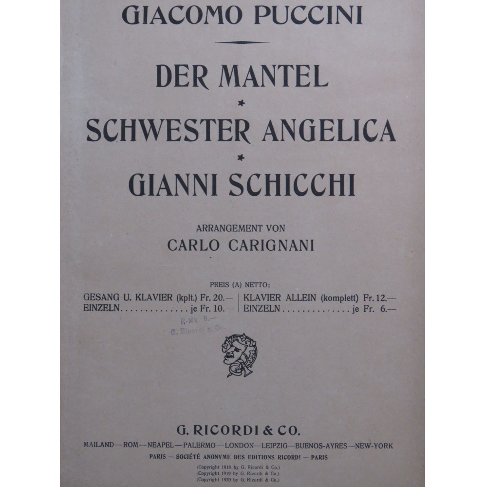 PUCCINI Giacomo Schwester Angelica Chant Piano 1920