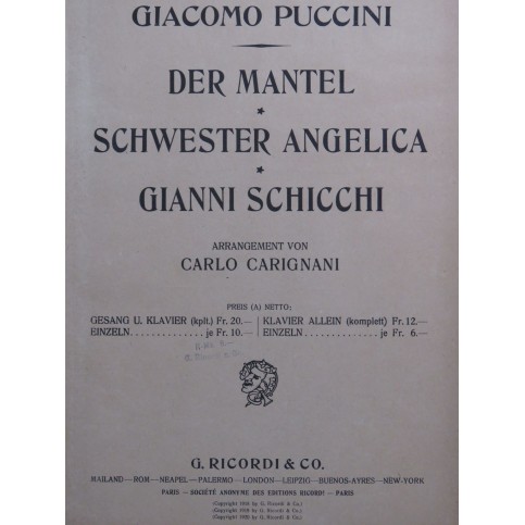 PUCCINI Giacomo Schwester Angelica Chant Piano 1920