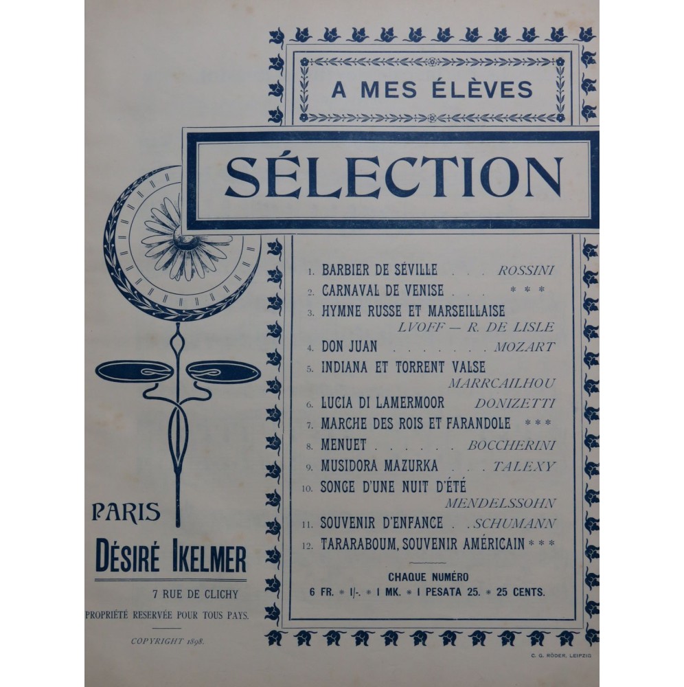 FUGATI Antonio Le Barbier de Séville de Rossini Piano Flûte 1898