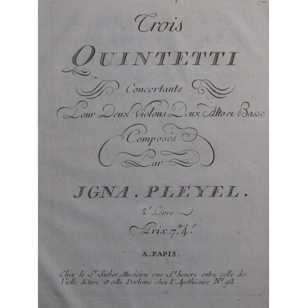 PLEYEL Ignace Trois Quintetti B 274-276 Viola Primo 1er Alto ca1790