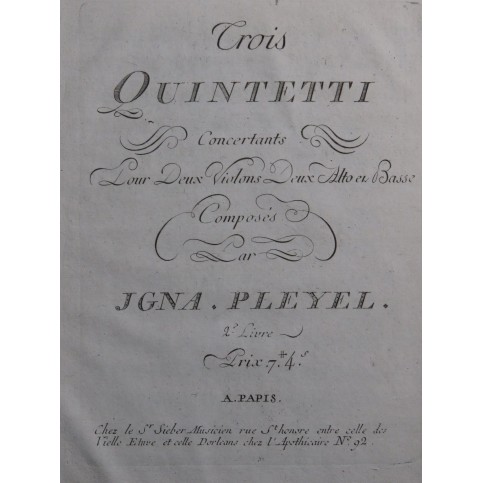 PLEYEL Ignace Trois Quintetti B 274-276 Viola Primo 1er Alto ca1790