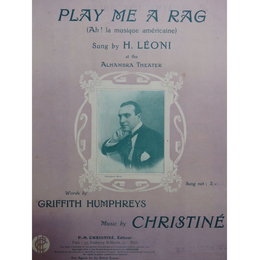 CHRISTINÉ Henri Play Me A Rag Chant Piano 1914