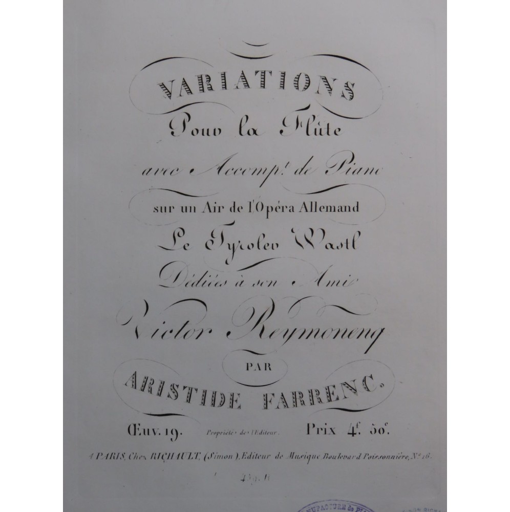 FARRENC Aristide Variations Le Tyrolev Wastl op 19 Piano Flûte ca182013
