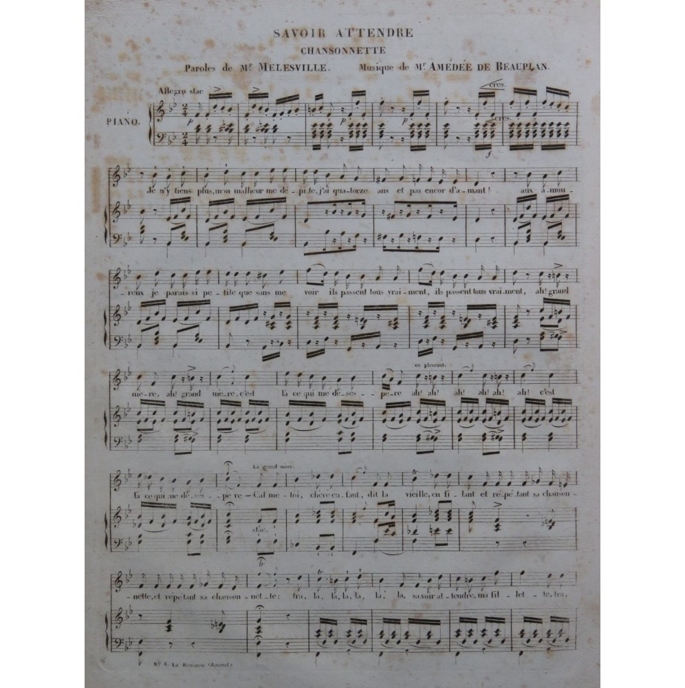 DE BEAUPLAN Amédée Savoir Attendre Chant Piano ca1840