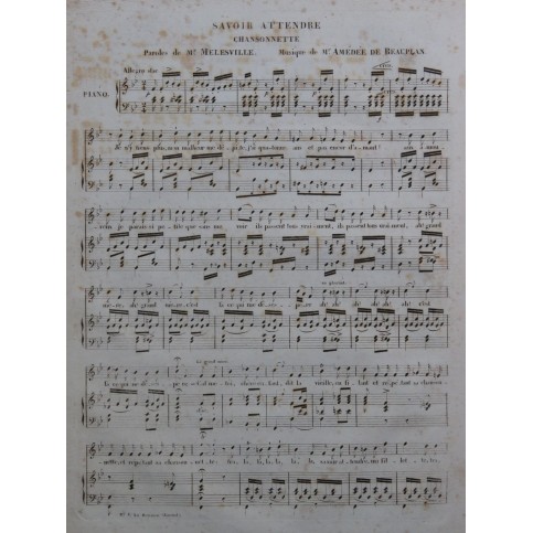 DE BEAUPLAN Amédée Savoir Attendre Chant Piano ca1840