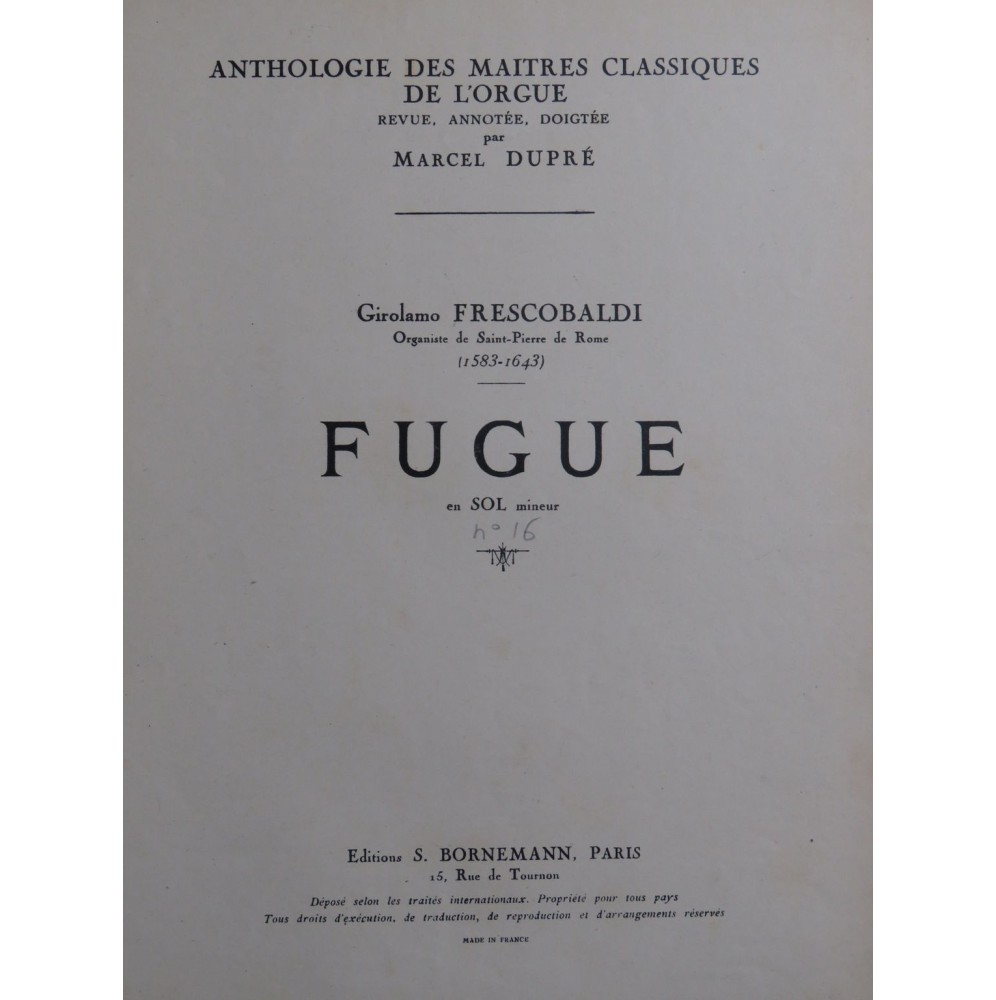 FRESCOBALDI Girolamo Fugue en Sol mineur Orgue 1942